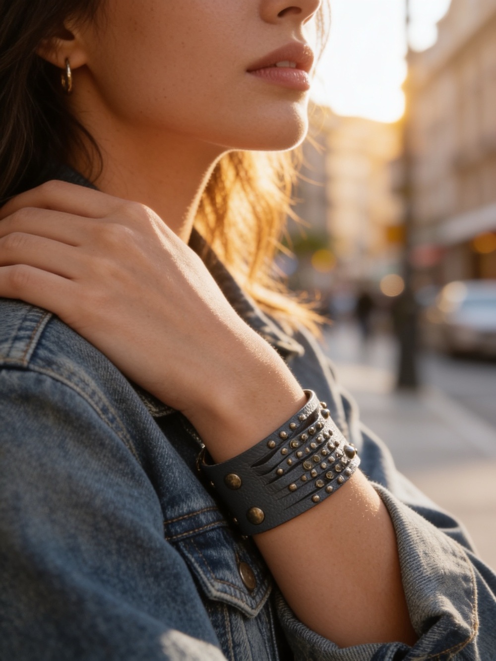 Yik Fung Blue Leather Rhinestone Studded Multi Strand Cuff Bracelet Snap Closure